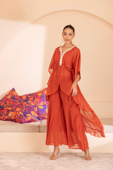 RUST SHELL EMBELISHED KAFTAN ENSEMBLE