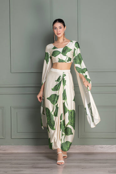 Beige and Green Floral Printed Drape Top and Dhoti Skirt Set