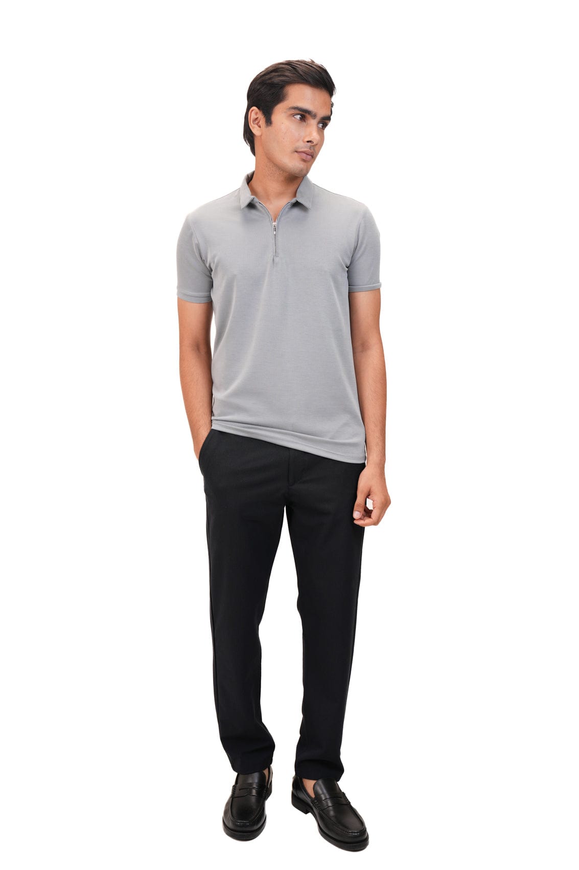 Suede Zipper Polo- Storm Grey