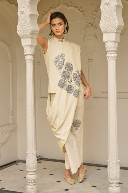 LINEN EMBROIDERED PANT SET WITH SHAWL