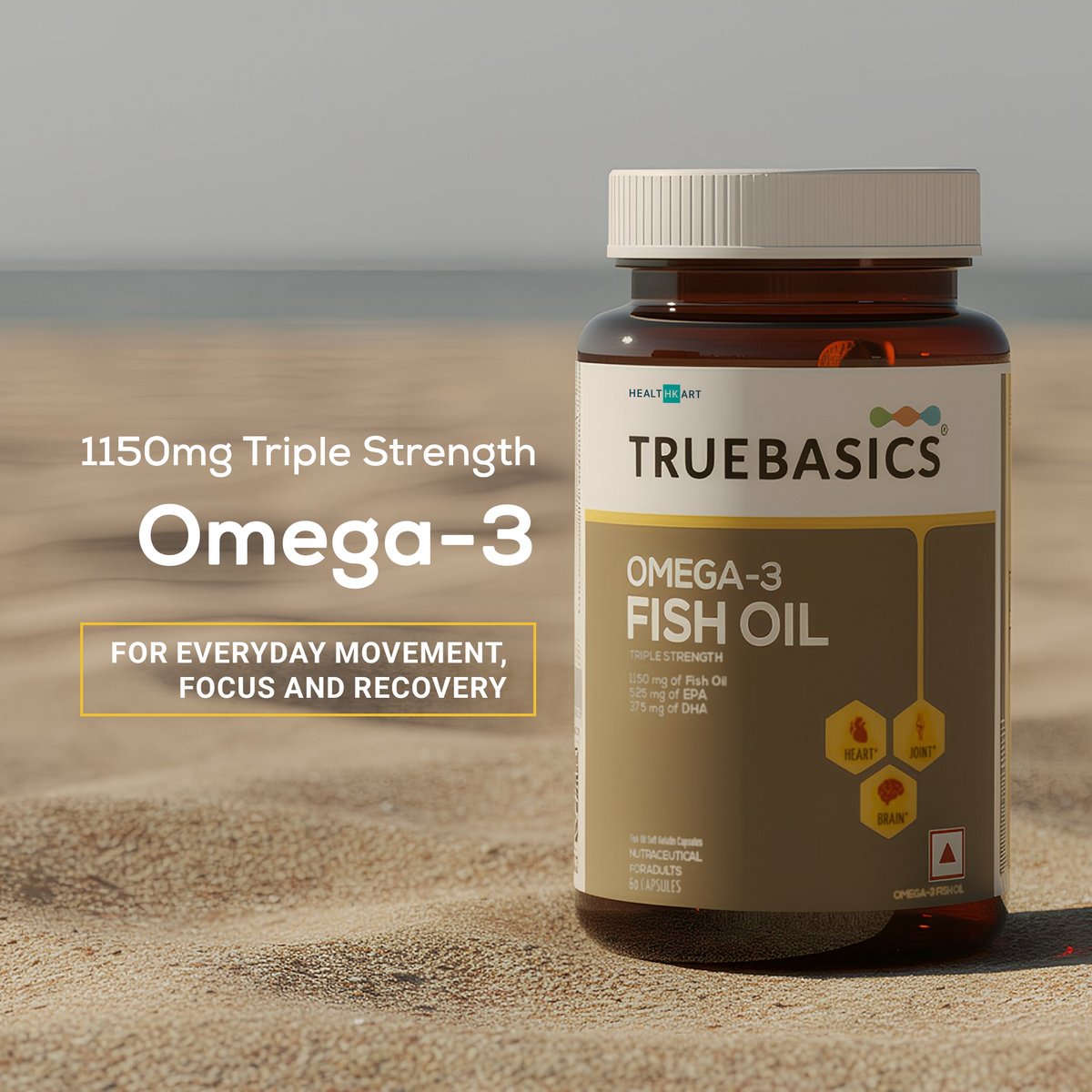 3X Strength Omega-3 Fish Oil, 60 Capsules | 1150mg Omega, 525mg EPA & 375mg DHA | For Healthy Heart, Eyes & Joints