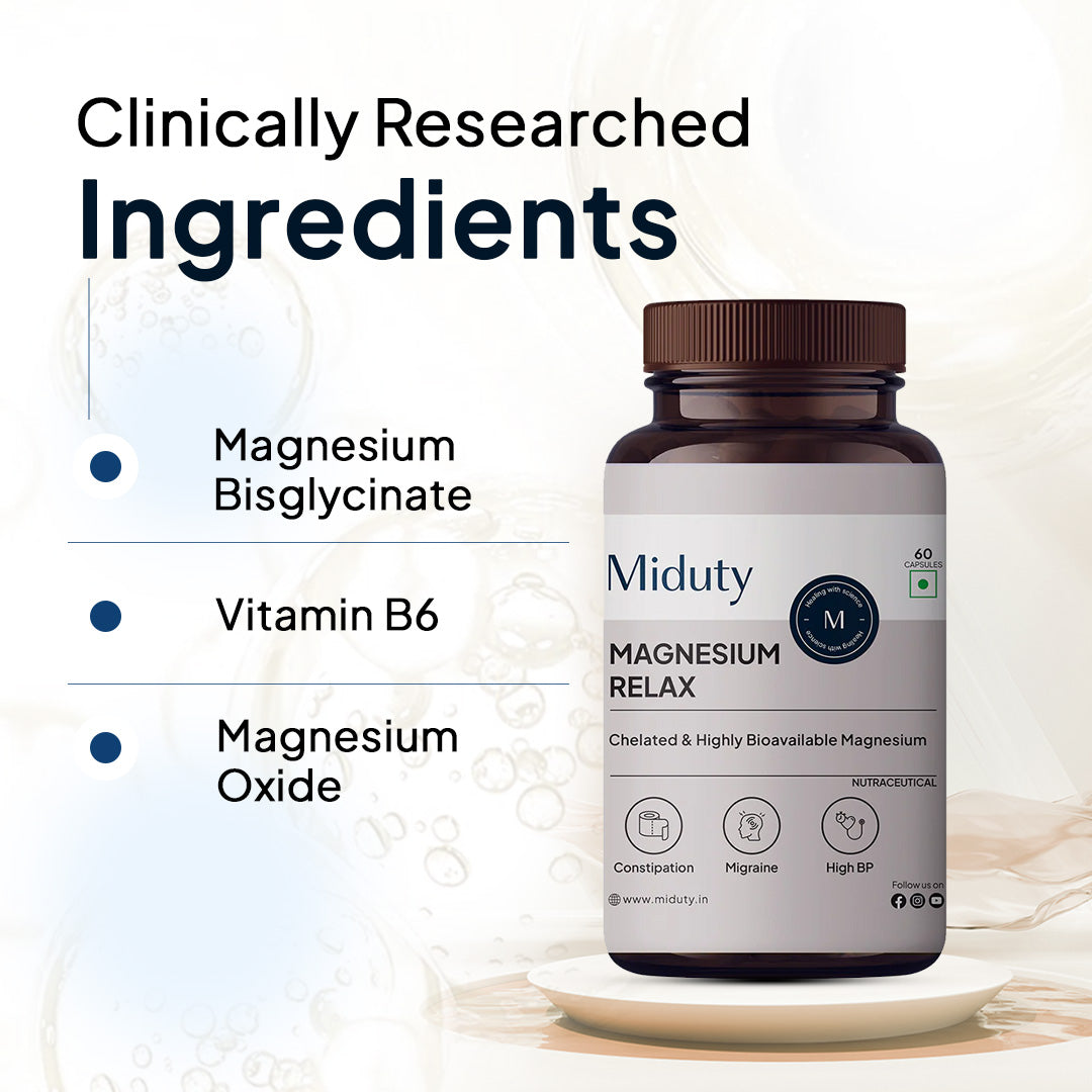 Miduty Chelated Magnesium Bisglycinate (Glycinate) | 1000mg Supplement For Sleep, Stress, Muscle Recovery & Cramps | 400mg Elemental Magnesium | High Absorption with Vitamin B6 | 60 Veg Capsules