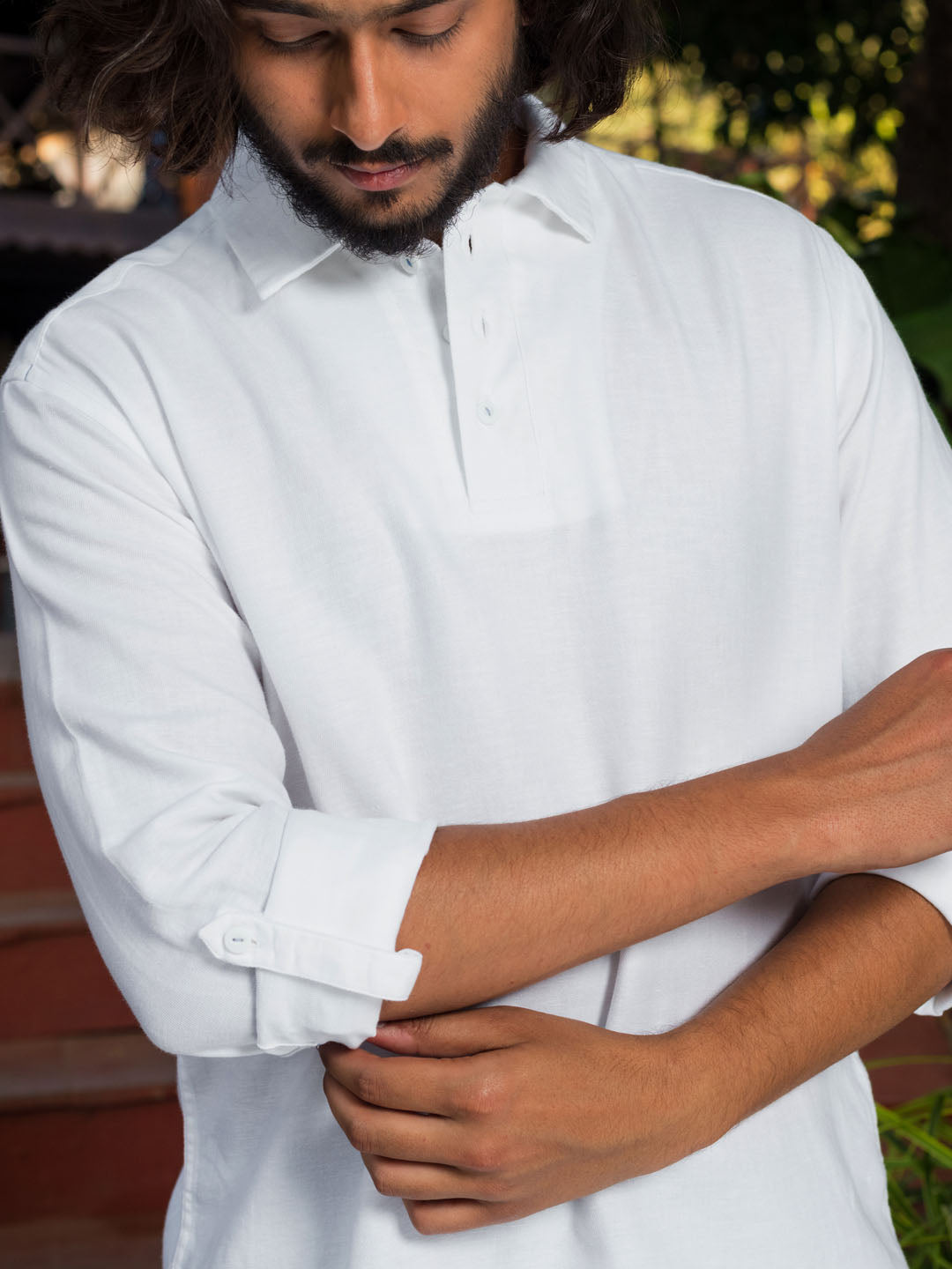 Polo Neck Cotton Linen White Shirt - Wander