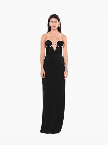 viola skirt - black mercedes maxi skirt with darts and a side slit for formal occasions by SOLÉITE