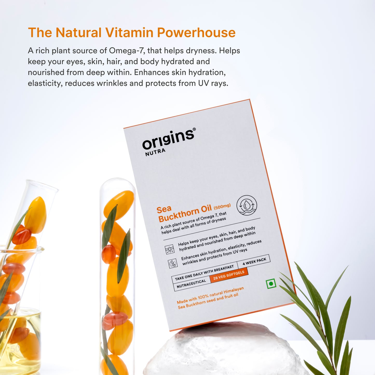 Origins Nutra Sea Buckthorn Oil |Reduce Wrinkles & Pigmentation, Supports Skin Hydration & Elasticity | Sea Buckthorn Oil | GMP Certified | For Men & Women | 28 Capsules.