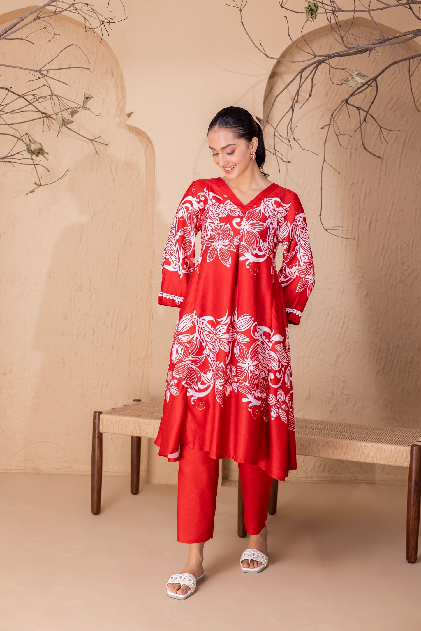 RED FLORAL PRINTED KURTA SET