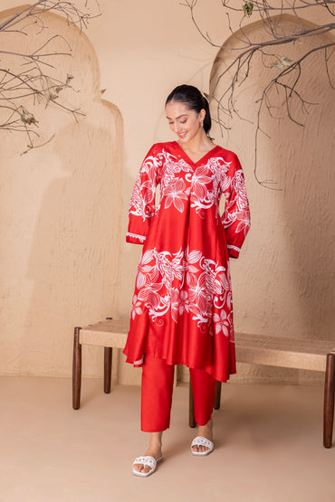 RED FLORAL PRINTED KURTA SET