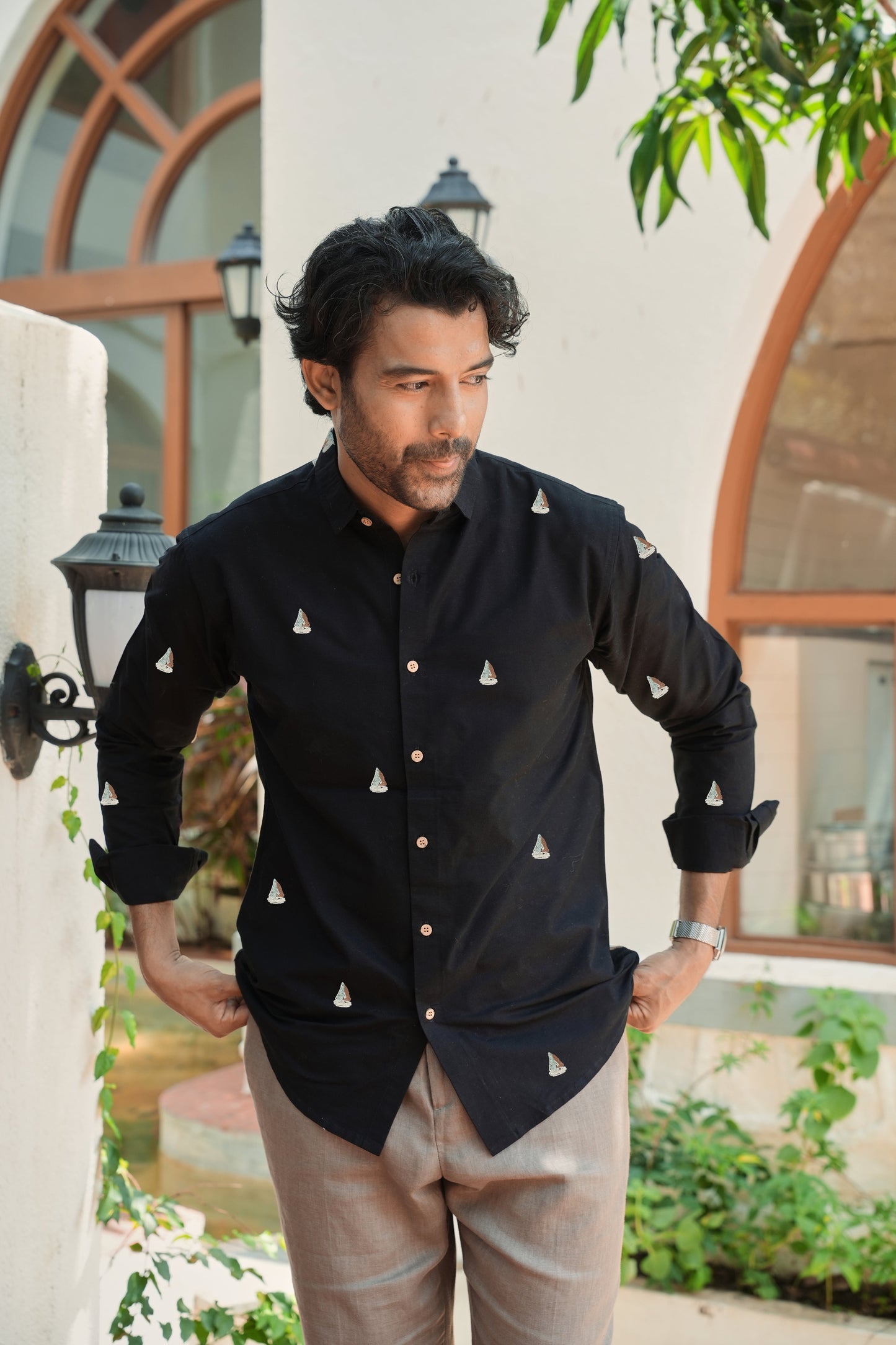 Midnight Sailboat Cotton Regular Fit Black Embroidered Shirt | Hamptons at Broadway