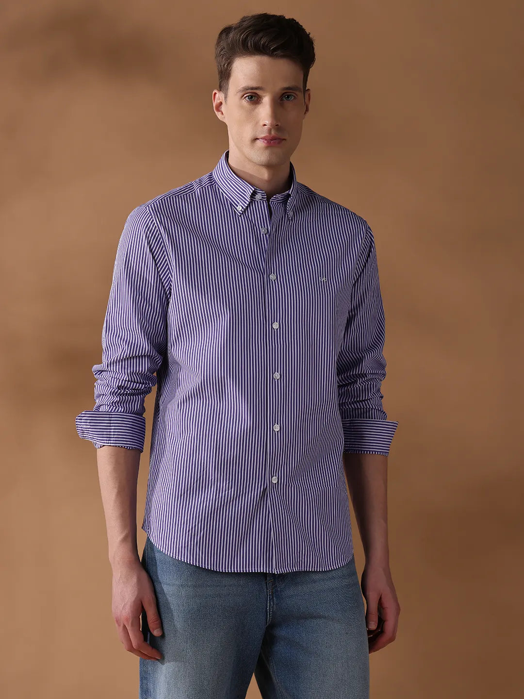 Purple Regular Fit Stripes Formal Shirt for Men (LUDW)