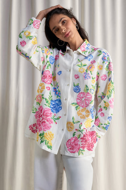 LINEN FLORAL CROSS-STITCH EMBROIDERED PANT