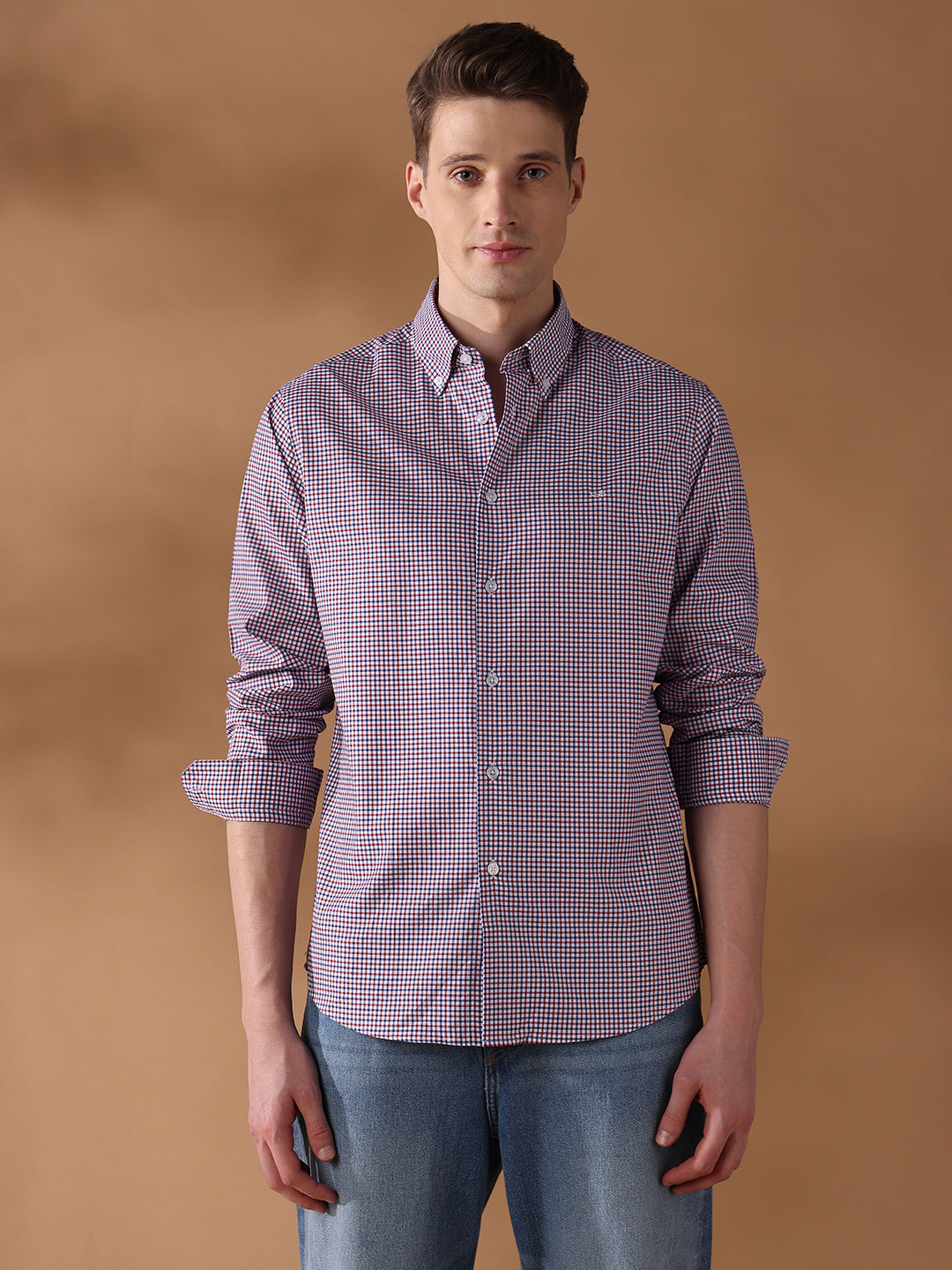 Red Regular Fit Checked Formal Shirt for Men (LEOP)