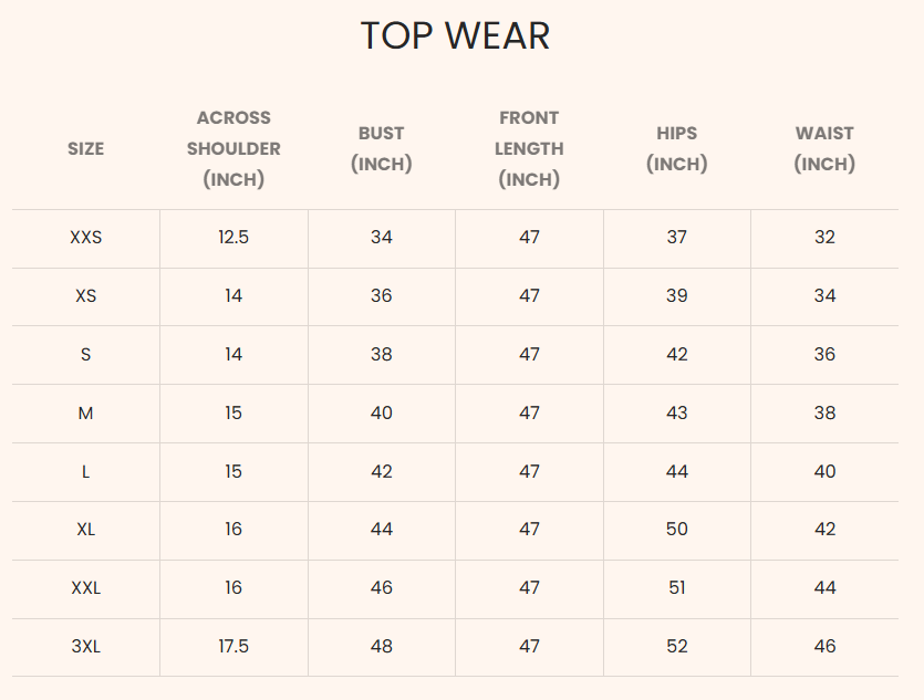 Size Chart for Megha in House of Kari Hand embroidery Chikankari Dress-White
