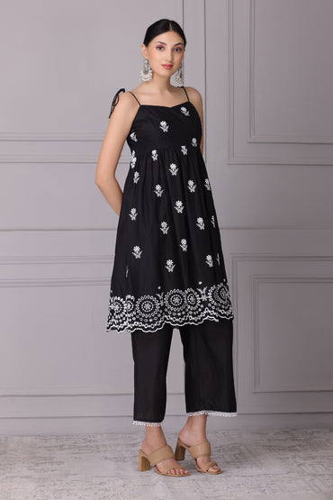 Black Chand Halter Embroidered Kurta Set