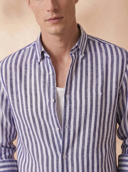 Regular Fit Purple Linen Striped Casual Shirt for Men (LUCID)