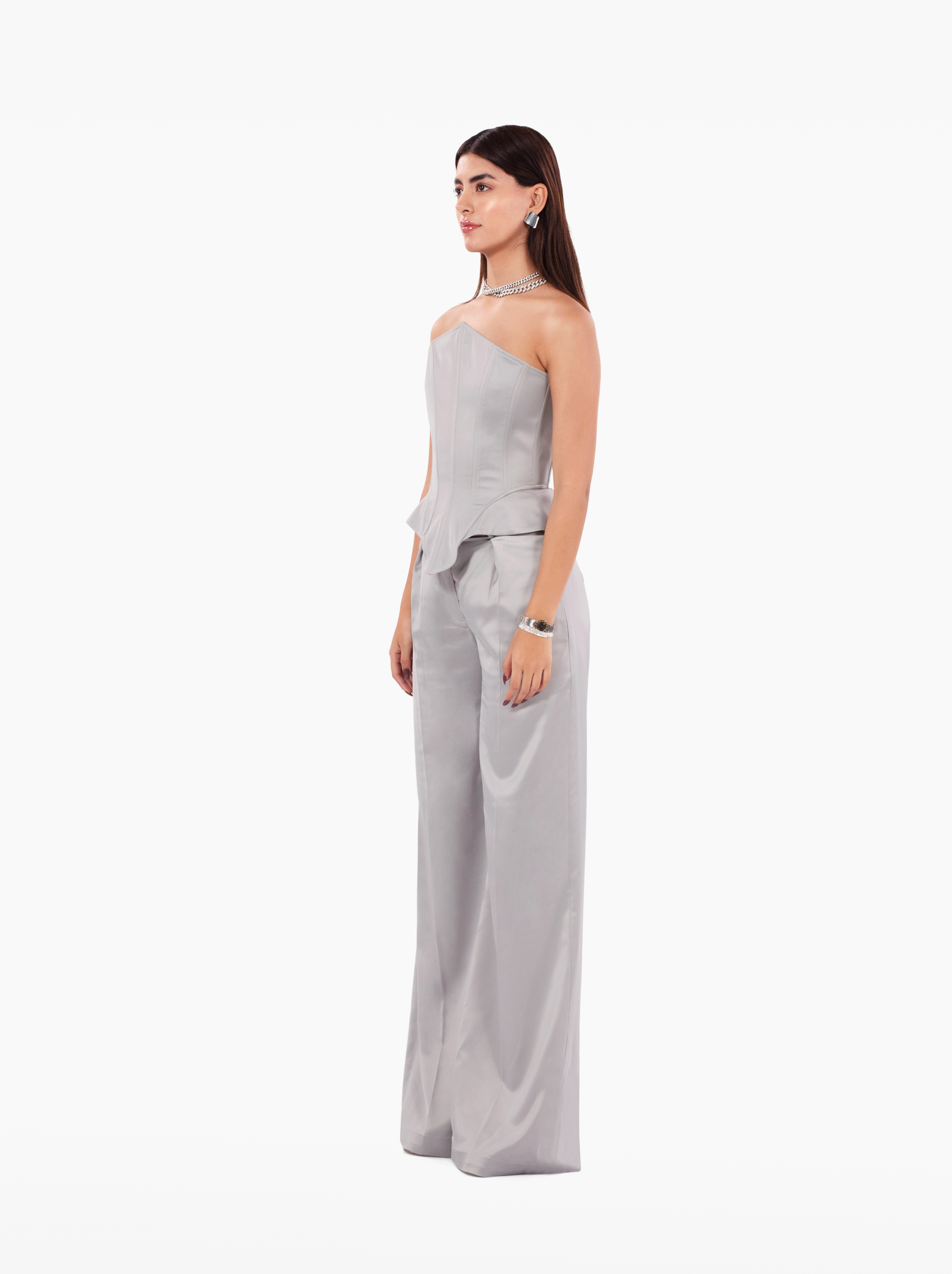 instant crush trousers - silver grey wide leg satin high-waisted trousers with front pockets, birthday, party, formal, dinner, date outfit - SOLÉITE