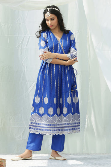 Blue And Gold Chikankari Embroidered Kurta Set