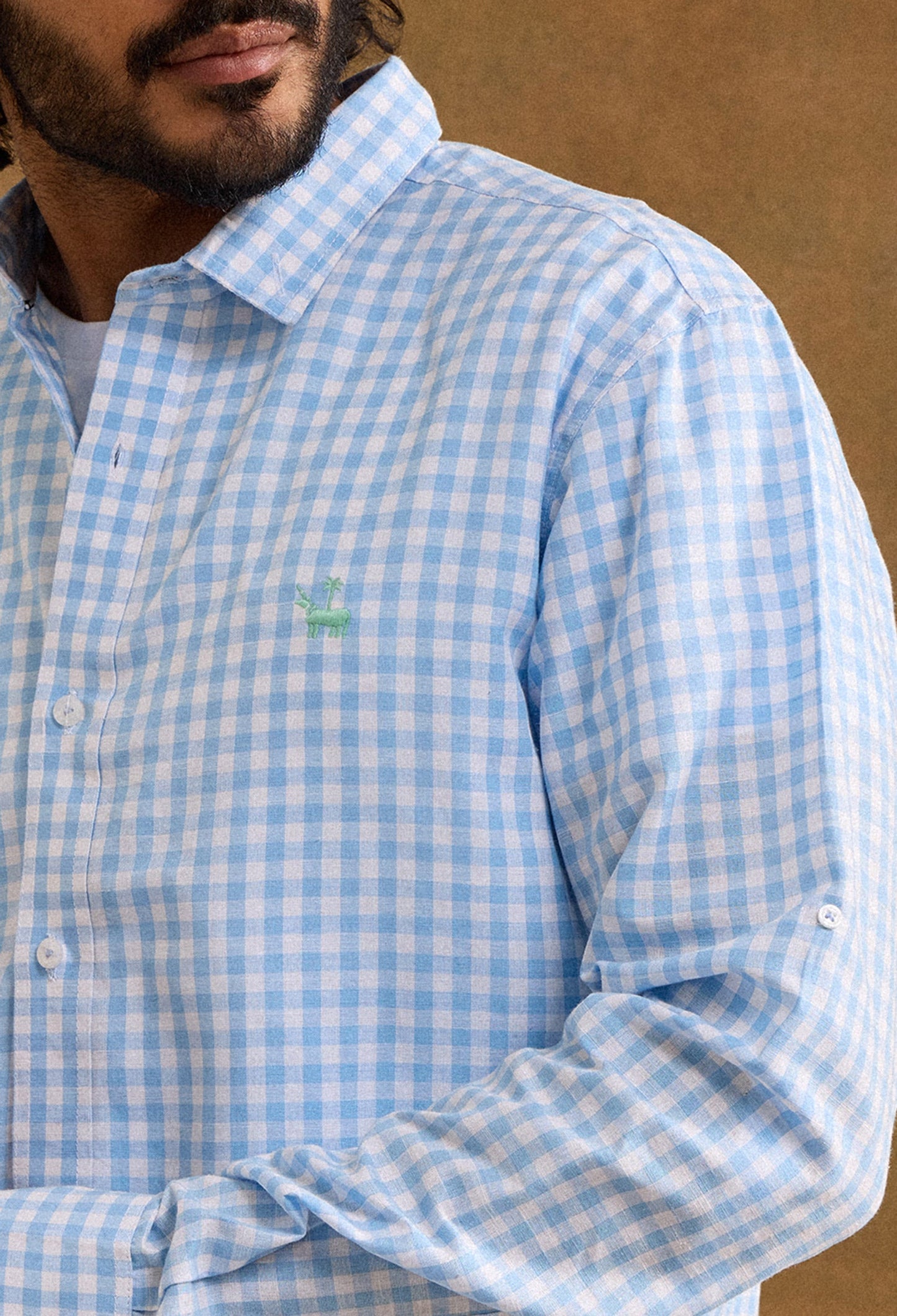 Gingham Cotton Linen Shirt - Baby Blue