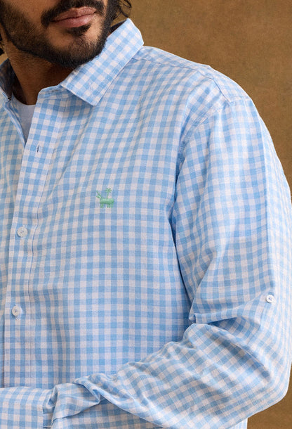 Gingham Cotton Linen Shirt - Baby Blue