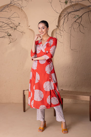 RUST ABSTRACT PRINT WRAP KURTA SET