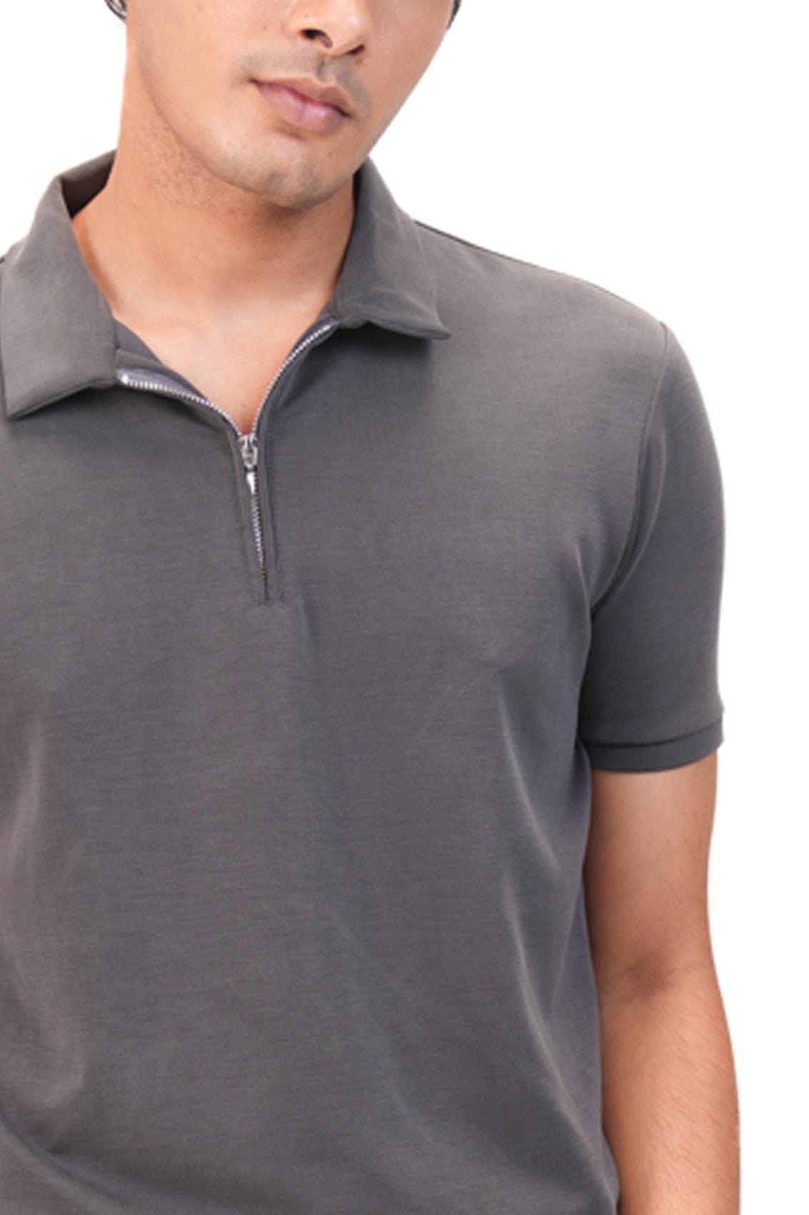 Suede Zipper Polo- Charcoal Grey