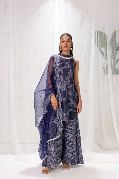 NAVY BLUE BANDHANI PRINTED HALTER SUIT SET