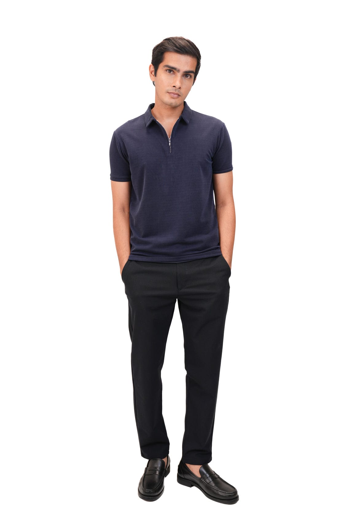 Suede Zipper Polo- Brilliant Navy