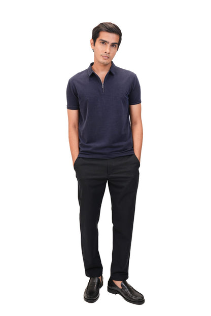 Suede Zipper Polo- Brilliant Navy