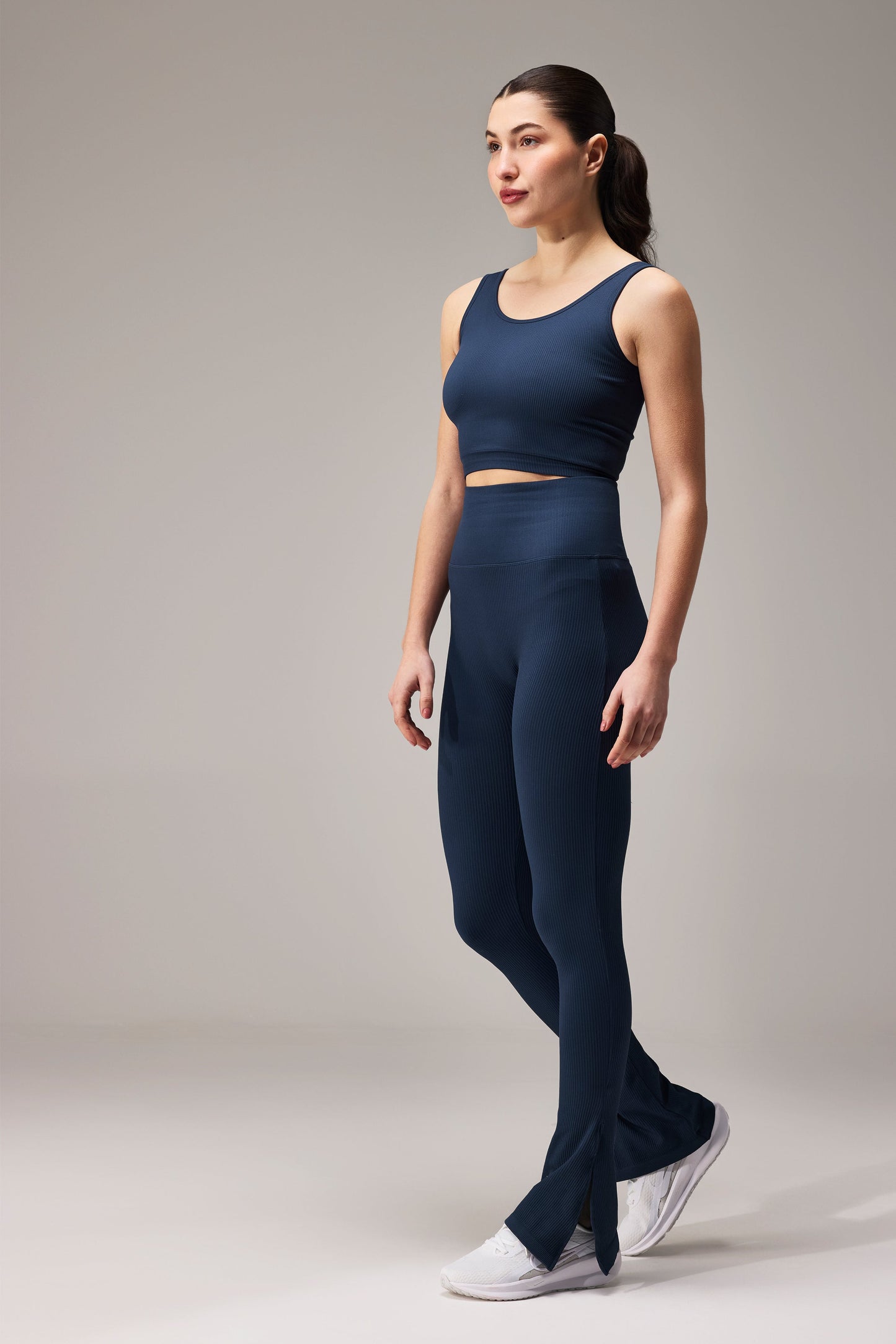 SEAMLESS FLARE PANTS WITH SLIT - NAVY BLUE | LALAFLOWER at Broadway