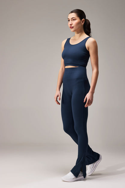 SEAMLESS FLARE PANTS WITH SLIT - NAVY BLUE | LALAFLOWER at Broadway