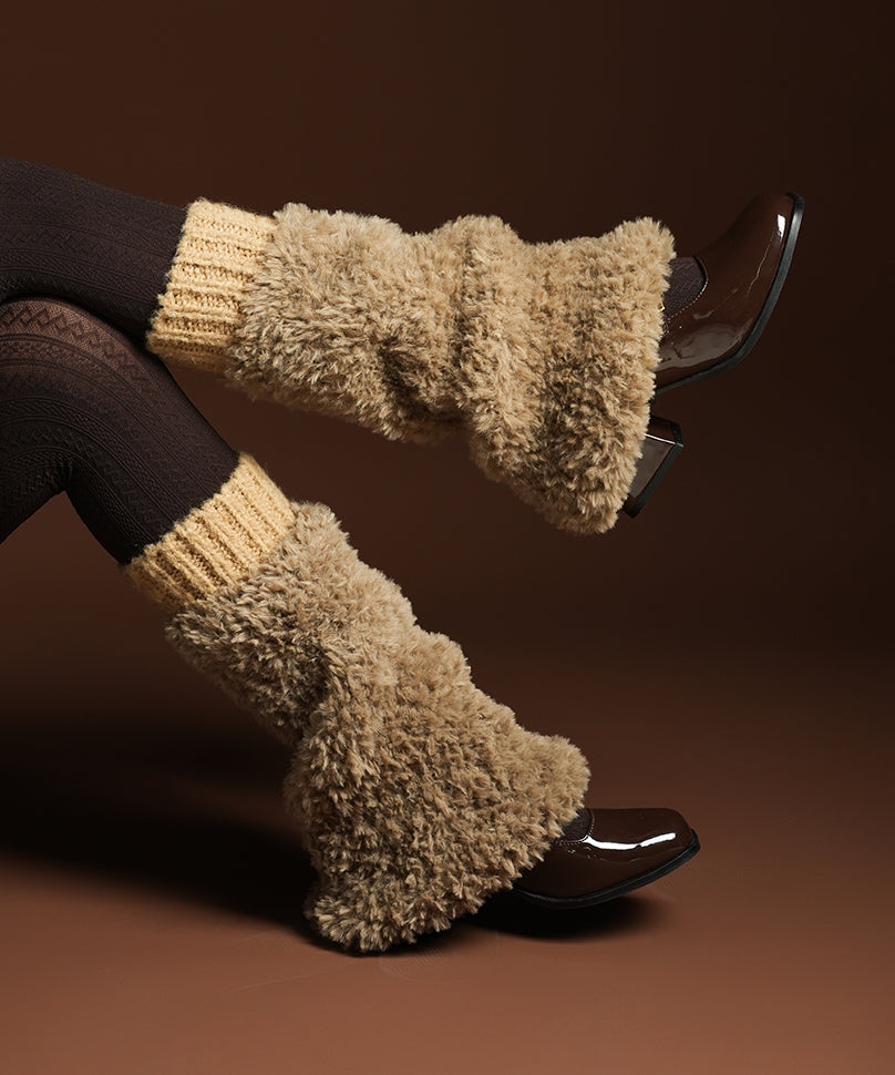 Banded Plush Ribbed Leg Warmer - Light Brown