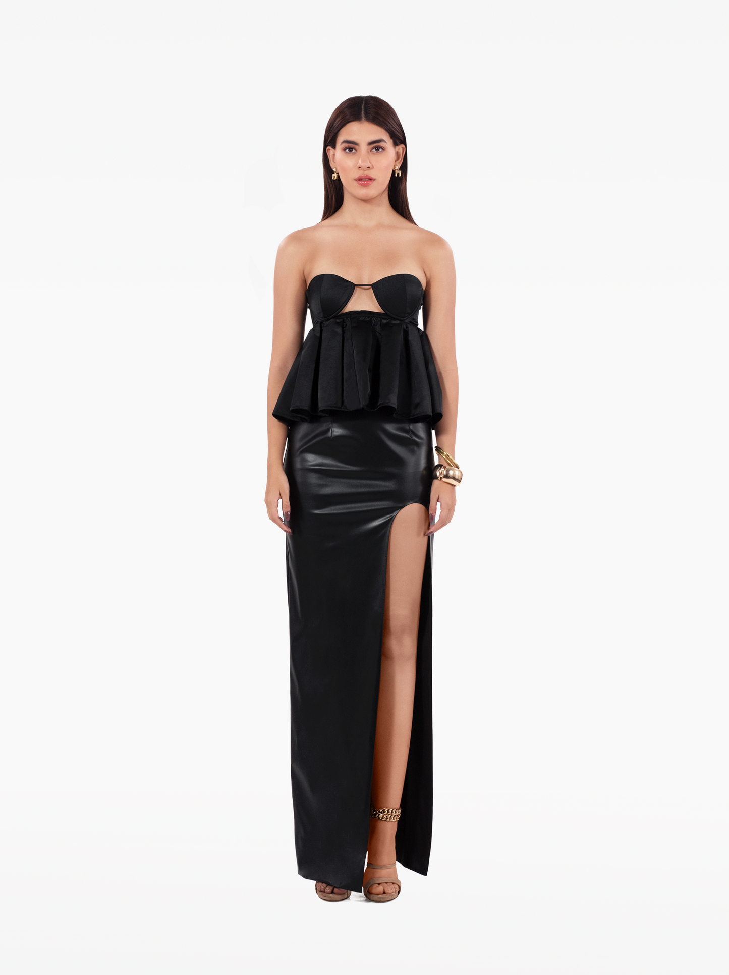 love talk top - black strapless, satin peplum top with an under-bust cutout birthday, party, dinner, vacation, date night outfits - SOLÉITE