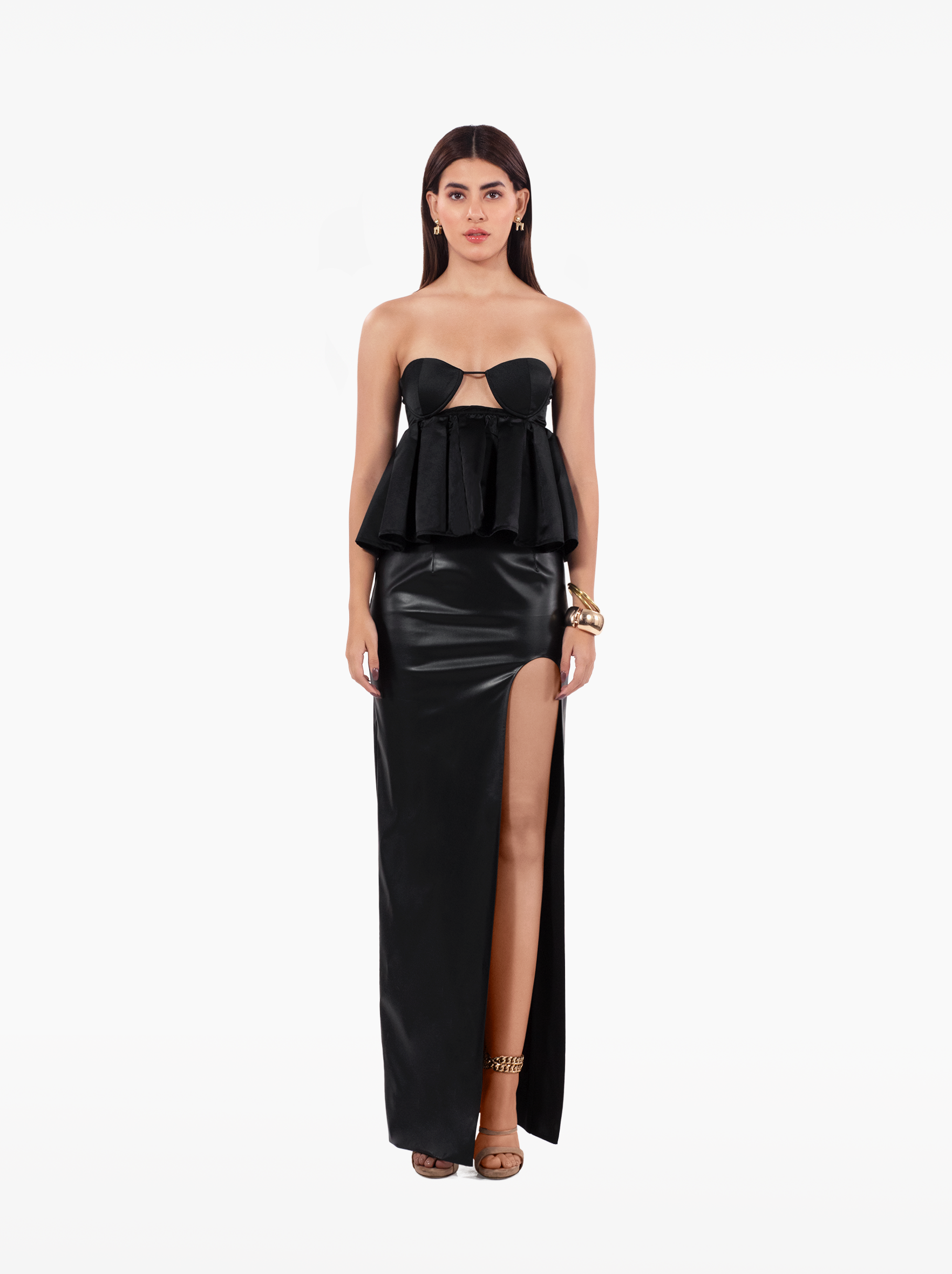 love talk top - black strapless, satin peplum top with an under-bust cutout birthday, party, dinner, vacation, date night outfits - SOLÉITE
