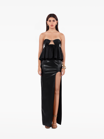 love talk top - black strapless, satin peplum top with an under-bust cutout birthday, party, dinner, vacation, date night outfits - SOLÉITE