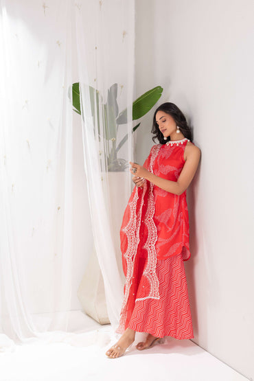 RED BANDHANI PRINTED HALTER SUIT SET