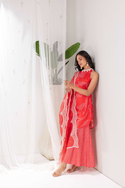 RED BANDHANI PRINTED HALTER SUIT SET
