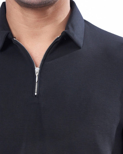 Suede Zipper Polo- Pitch Black
