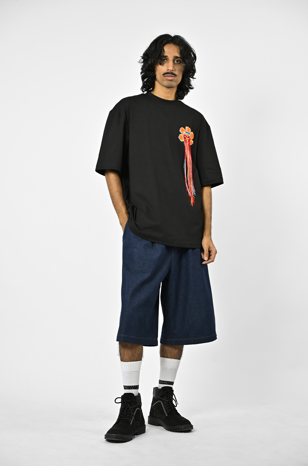 Hand-embroidered floral t-shirt (Black) | Huemn at Broadway