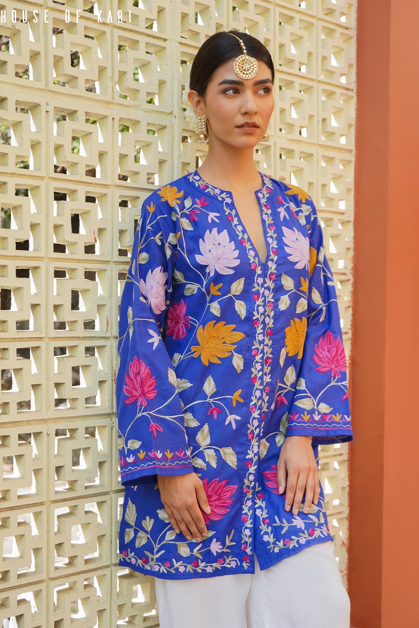 Kashmiri Aari Work Cotton Kurta Jacket – Royal Blue