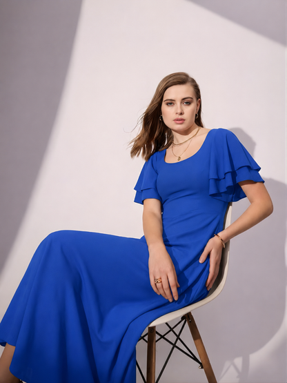 Stretchable Ruffled Sleeve Fit & Flare Dress