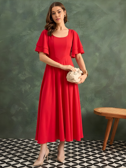 Stretchable Ruffled Sleeve Fit & Flare Dress