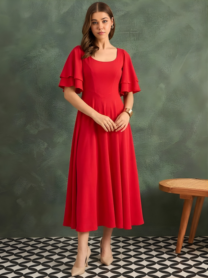 Stretchable Ruffled Sleeve Fit & Flare Dress