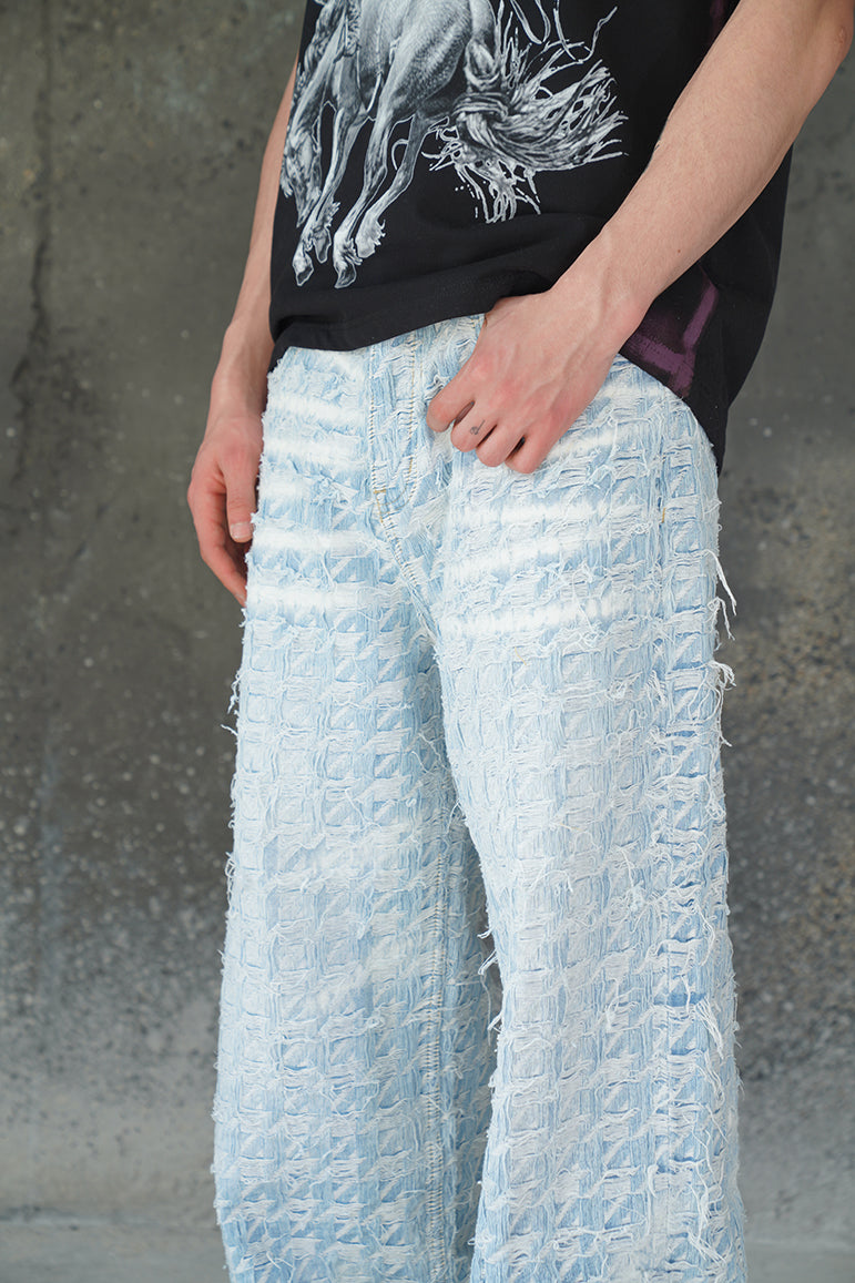 CHECKERED BLUE GRADIENT DISTRESSED FABRIC VALKYRE PANTS