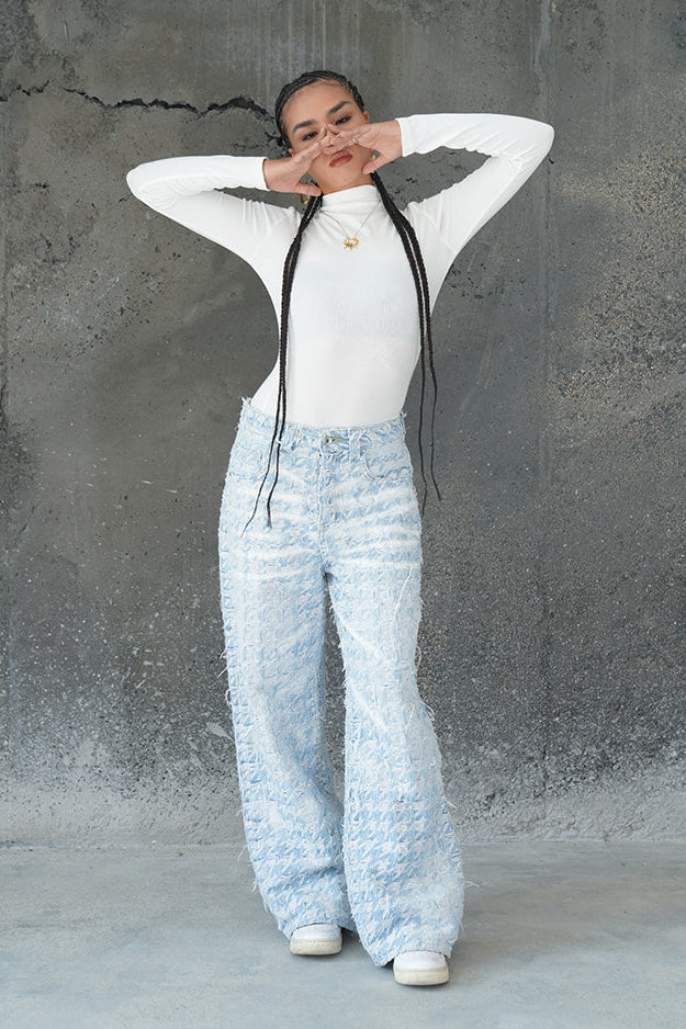 CHECKERED BLUE GRADIENT DISTRESSED FABRIC VALKYRE PANTS