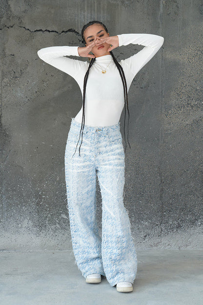 CHECKERED BLUE GRADIENT DISTRESSED FABRIC VALKYRE PANTS