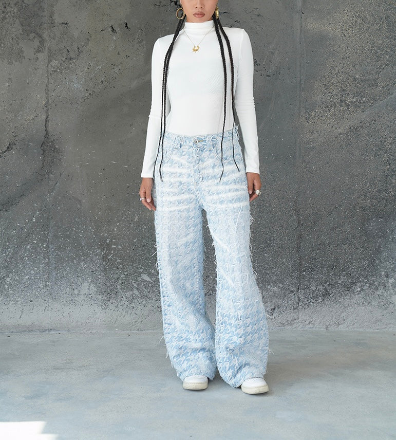 CHECKERED BLUE GRADIENT DISTRESSED FABRIC VALKYRE PANTS