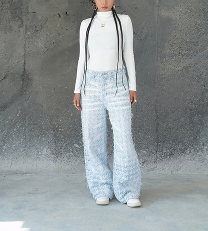 CHECKERED BLUE GRADIENT DISTRESSED FABRIC VALKYRE PANTS
