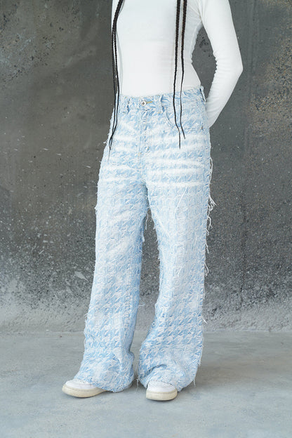 CHECKERED BLUE GRADIENT DISTRESSED FABRIC VALKYRE PANTS