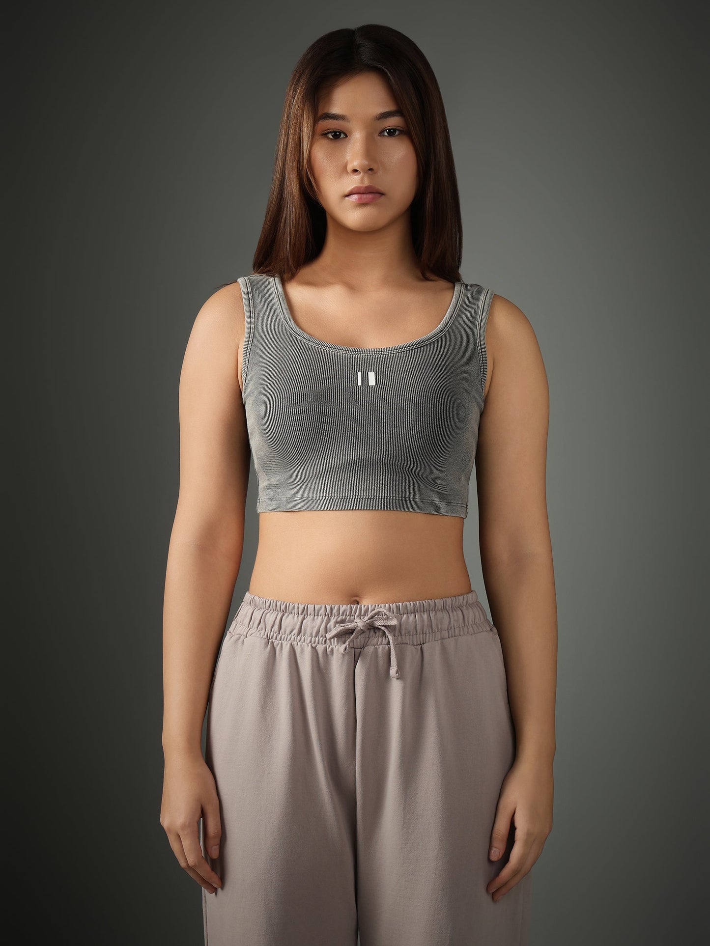 Grey Ribbed Crop Stone Wash