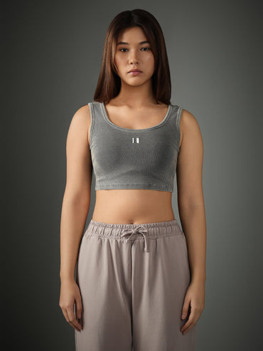 Grey Ribbed Crop Stone Wash
