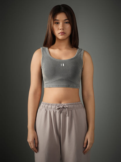 Grey Ribbed Crop Stone Wash